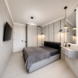 Mobilier Dormitor Modern cu Dulap , Pat Tapițat și Masă de Toaletă Suspendată A-52
